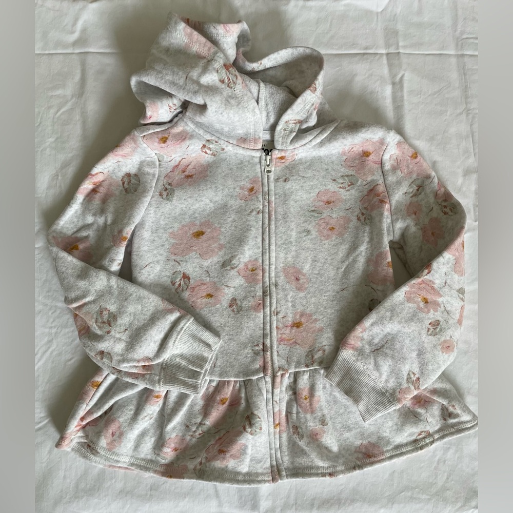 Oshkosh Zip Hoodie Girls 5T Gray with Pink Flowers